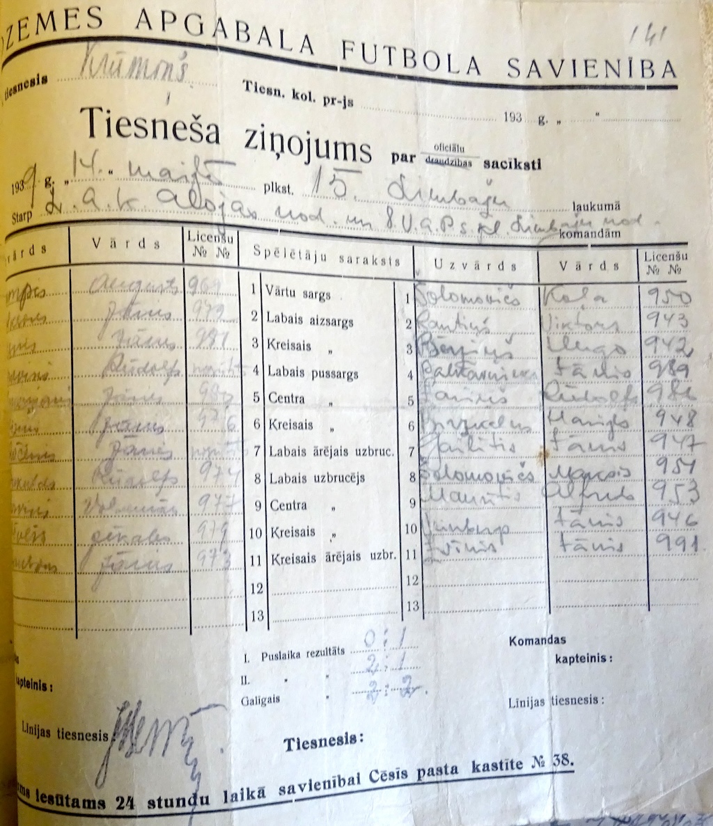 LAK Alojas nodaļas - 8. VAPSK Limbažu nodaļas spēles protokols, 1939